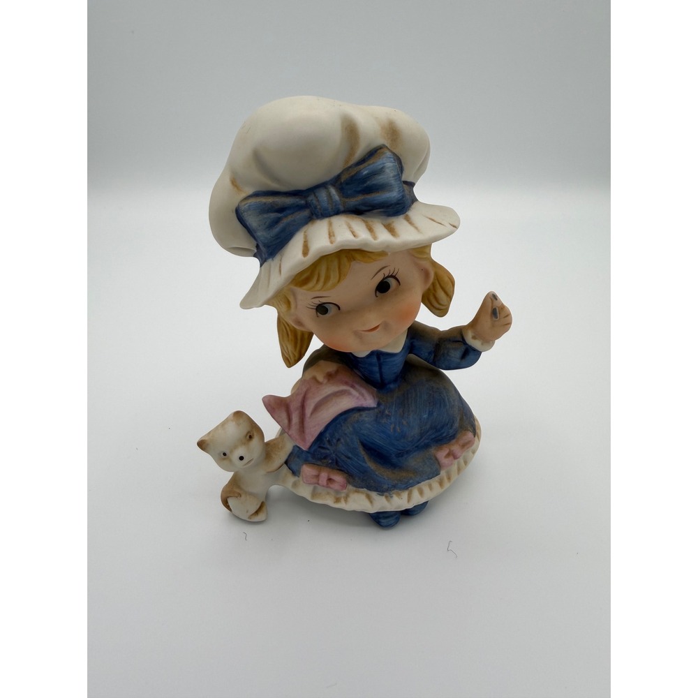Vintage Style Girl Figurine Blue Dress Bonnet Ceramic Cottagecore 5"